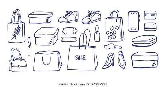 Black friday shopping hand drawn trendy outline illustration of clothes, shopping bags, accessories set. Vector postcard template for web banner, poster, discount coupons.