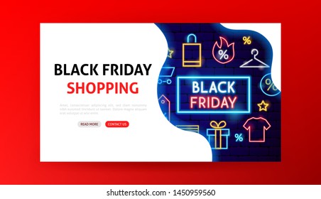 Black Friday Shopping Neon Landing Page. Vector Illustration of Shop Promotion.