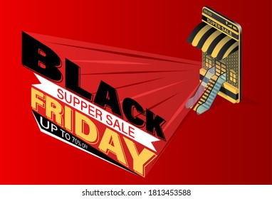 Black friday shopping online banner on mobile vector