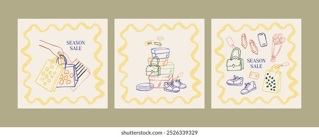 Black friday shopping poster hand drawn trendy outline illustration of clothes, shopping bags, accessories. Vector postcard template for web banner, poster, discount coupons.