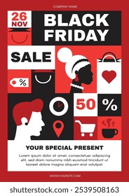 Black Friday modelo de cartaz de compras em um estilo moderno brilhante. Banner para compras de barganha e bom serviço, promoção, descontos de varejo on-line em presentes de férias. O desenho é adequado para