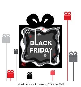 Black Friday shopping sale in abstract multi layers including white, grey colors papercut art and craft style poster concept design with gift box and snowflakes. Vector Illustration