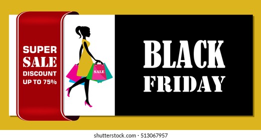 Black friday shopping sale banner with ribbon and fashion woman or girl on black and white background. Special offer, discount banner. Sale coupon design. Vector illustration of shopper girl with bags