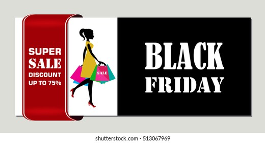 Black friday shopping sale banner with ribbon and fashion woman or girl on black and white background. Special offer, discount banner. Sale coupon design. Vector illustration of shopper girl with bags