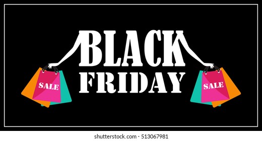 black friday shopping sale banner funny design with hands and bags on white background