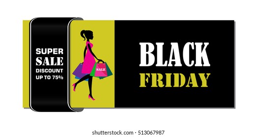 Black friday shopping sale banner with ribbon, fashion woman or girl on black and yellow background. Special offer, discount banner. Sale coupon design. Vector illustration of shopper girl with bags.