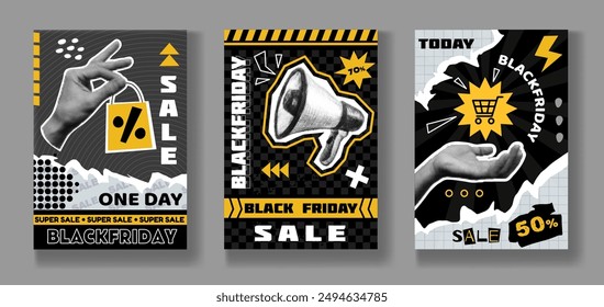 Black Friday. Shopping sale posters. Pop art backgrounds. Social media marketing abstract retro post. Store discount strips. Torn paper halftone hands holding purchase bags. Vector tidy banners set