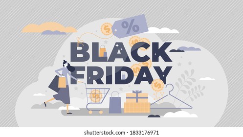 Black friday shopping sale or store discount offer event tiny person concept. Retail promotion with low price tags and labels for discount product vector illustration. Chaos madness with rush purchase