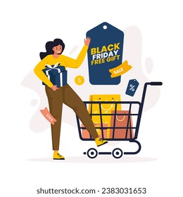Black Friday shopping seasonal sale with a happy woman getting a gift vector illustration