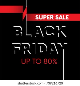 Black Friday shopping super sale discount up to 80% with red ribbon fasten on letter L long tail poster concept design. Vector Illustration