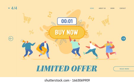 Black Friday Shopping, Total Sale Website Landing Page. Happy People Purchasing around of Huge Button with Buy Now Inscription. Promoter with Megaphone Web Page Banner Cartoon Flat Vector Illustration