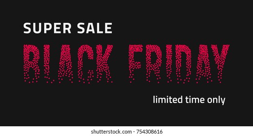 Black Friday shopping vector banner with red fading dotted inscription on black background. Halftone transition effect letters. Modern trendy design template. Promotion company concept
