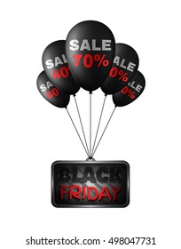 Black Friday sign board hanging on balloons with discounts on a white background. Vector Illustration.