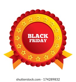 Black friday sign icon. Sale symbol. Special offer label. Red award label with stars and ribbons. Vector
