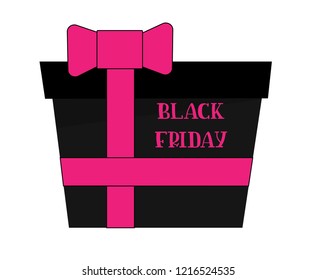 Black friday sign located on the gift in black, tied with a pink ribbon with a bow.