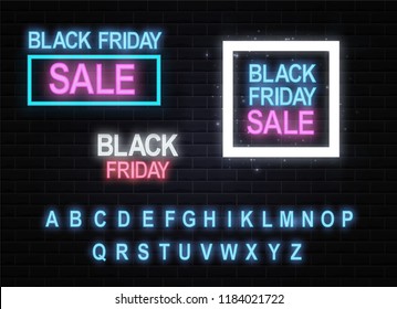 Black Friday is the sign of neon. Web banner, logo, emblem and label. Neon sign, bright signboard, light banner. Black Friday in neon color. Holiday sales.