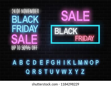 Black Friday is the sign of neon. Web banner, logo, emblem and label. Neon sign, bright signboard, light banner. Black Friday in neon color. Holiday sales.