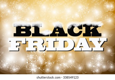 Black friday sign on glitter gold background and snow on black