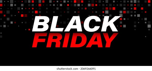 Black friday sign with red and gray squares tile confetti. Vector illustration.