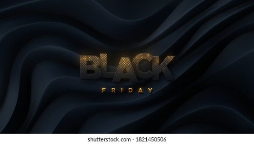 Black Friday sign. Vector 3d illustration. Sale or discount banner element design. Black glittering paper cut letters on curvy topography background