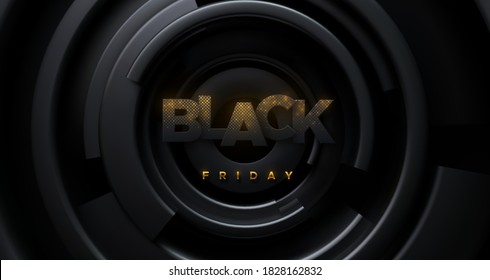 Black Friday sign. Vector 3d illustration. Black paper letters textured with golden glitters and concentric shapes. Abstract geometric background. Sale or discount banner design