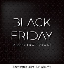 Estilo metálico Plata Viernes Negro Amplio Logotipo sin enlaces y carta de precios a la baja - Cromado sobre las gotas negras profundas o las burbujas Fondo de estilo líquido - Diseño gráfico mixto vectorial