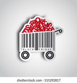 Black friday simple design with shopping cart barcode in paper sticker. Sale concept. Vector illustration