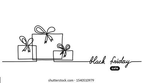 Black Friday Simple Vector Banner. One  Continuous Line Drawing With Gift, Boxes. Mininal Black Friday Banner.