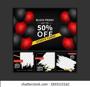 Plantilla de publicación de medios sociales del viernes negro para marketing digital y promoción de venta. oferta de banner. color negro y rojo. marco vectorial fotográfico de simulación.