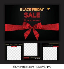 Black friday social media post template for digital marketing and sale promotion, banner offer black and red color, mockup photo vector frame.