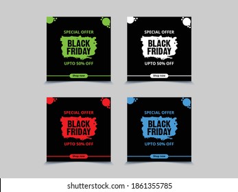 Black Friday social media post design in 4 different colors. Download, customize and post them right away. 