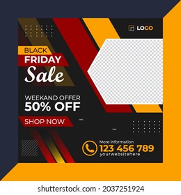 Black Friday Social Media Post Offer Design Template, Weekend Sale Offer, Black Friday PSD Template, Banner Design With Creative Shapes