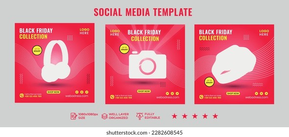 Black friday social media post banner template, sale and discount square banner, Set of Social media post template for Black Friday, Editable Square Banner Design, web banner ads, vector illustration