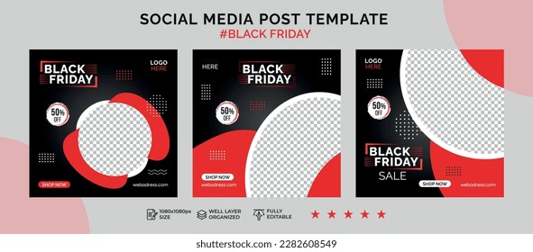Black friday social media post banner template, sale and discount square banner, Set of Social media post template for Black Friday, Editable Square Banner Design, web banner ads, vector illustration