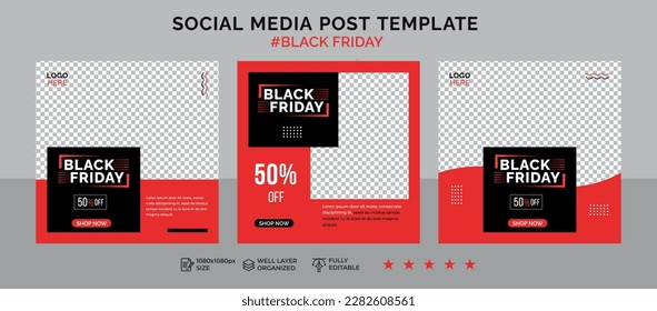 Black friday social media post banner template, sale and discount square banner, Set of Social media post template for Black Friday, Editable Square Banner Design, web banner ads, vector illustration