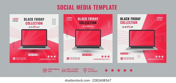 Black friday social media post banner template, sale and discount square banner, Set of Social media post template for Black Friday, Editable Square Banner Design, web banner ads, vector illustration