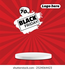 Black Friday social media post modelo com podium. modelo vetor exibição de produto. Ilustração vetor simples e moderna com tela de produto de pódio de fundo vermelho com faixa de desconto