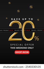 Black Friday Social Media Post Template, Black Friday Sale, Exclusive Offer Template. Banner-Design für schwarzen Freitag, bis zu 20% Rabatt auf Hintergrund, Angebotsvorlage.