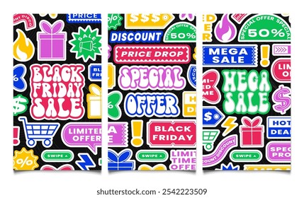 Conjunto de collage de pegatinas de publicaciones de medios sociales de Black Friday. Colorido groovy fuente. Consigue 50 de descuento. Insignias de arte Pop Vertical post para medios sociales. Afiche promocional de Precio de descuento. Ilustración vectorial.