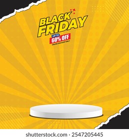 Plantilla en las redes sociales del Black Friday con el podio. Exhibición del producto de la Plantilla del Vector del viernes negro.
Ilustración vectorial sencilla y moderna con fondo amarillo. Diseño de Producto con fondo amarillo