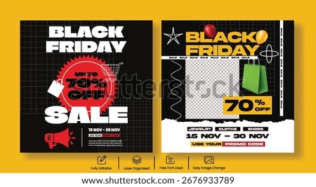 Black Friday Social Media Post Template with Bold Typography, Retro Vintage Background, Product Sale Deal, Discount Offer, Promotion Ads, Web Banner, and Retail Advertisement Design