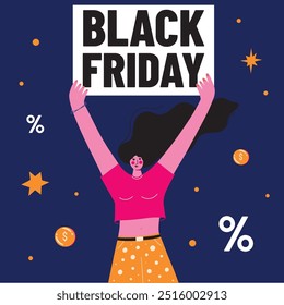 Colección de publicaciones de redes sociales del Black Friday. Cartoon personaje de compras y compra de regalos con Precios de descuento Ilustración vectorial. Concepto de diseño de anuncio de venta plano, colorido, conjunto de Elementos groovy