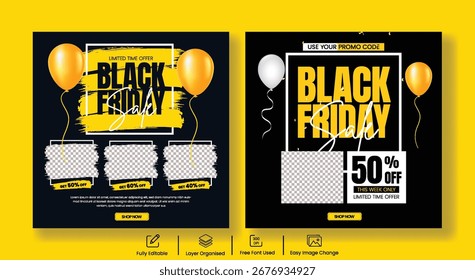 Publicaciones de redes sociales del viernes negro con anuncios de Anuncio de Web de moda, Plantillas de venta de Producto, descuentos minoristas, ofertas atractivas y fondos publicitarios cuadrados llamativos