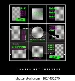 Black friday Social Media Puzzle Template with Hype style and neon color for promotion sale discount
