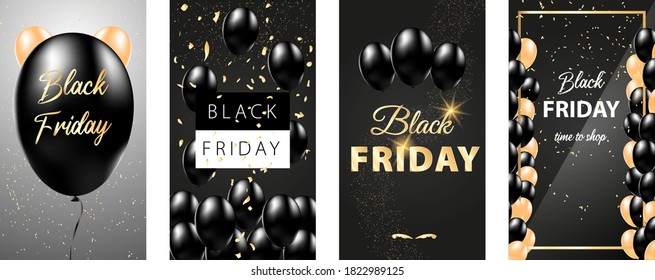 Black Friday Social Media Templates Vector Set, Luxury golden offers for Black Friday Sale with balloons and text 