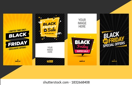 Black Friday social network stories collection. Editable templates in flat design ready to use