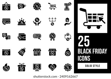 Black Friday Solid Icon Set. Containing monitor, award, cyber, discount, tag, calendar, click, badge, store, label, sale, buy, crown, money, bargain, heart, distribution, faq, sand, clock.