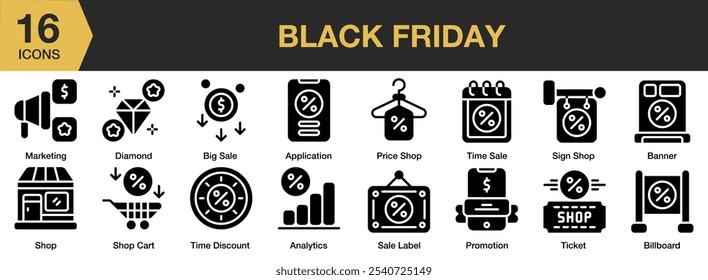 Conjunto de ícone sólido Black Friday. Inclui marketing, loja de preços, promoção, etiqueta de venda, carrinho de compras, ingresso e muito mais. Coleção vetorial de ícones sólidos.