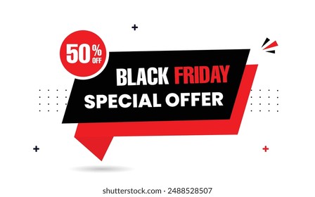 Black Friday Special 50% Off Vibrant banner template with white backdrop and dynamic black and red shapes
