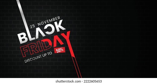 Black Friday Special Discount Banner Design for Social Media and Website With 50% Off Text and Typography Text in Black Wall Background.